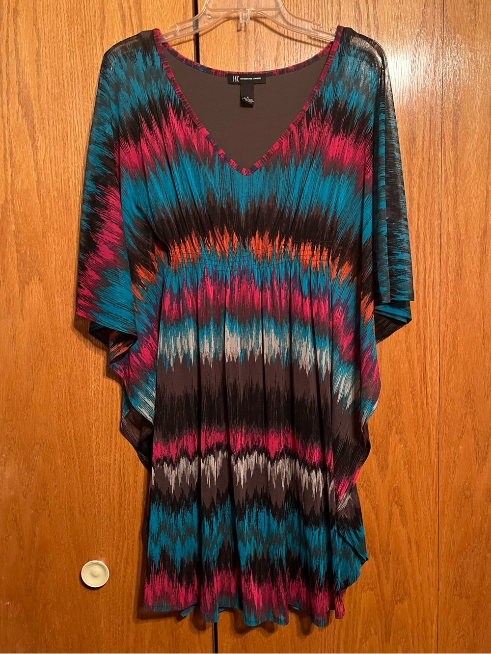 Womens V-Neck Dolman Dress in Teal & Magenta - Unknown Brand